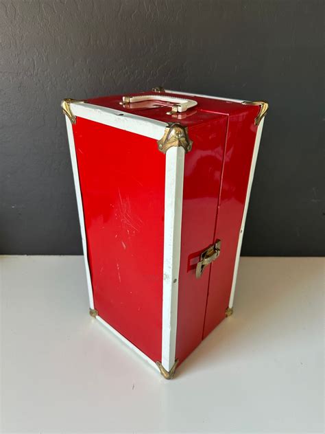 1960 metal red doll box|1960s Red Metal Vintage Doll Steamer Trunk or Case .